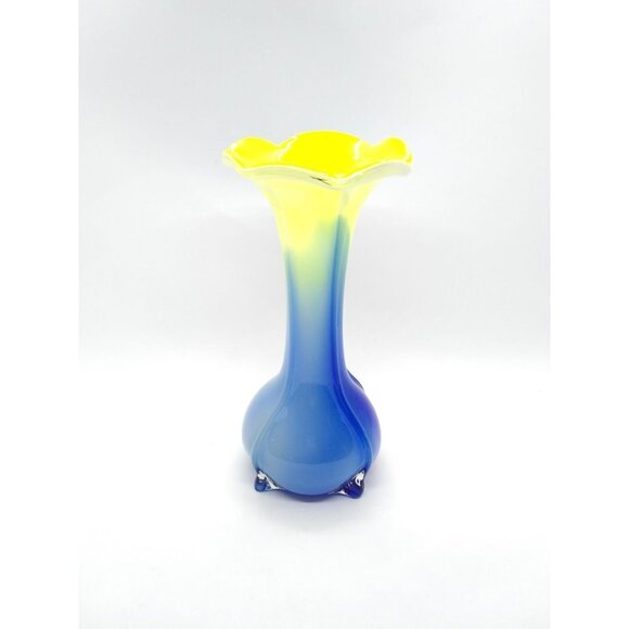 Art glass vase tulip floral style yellow blue swirl Bud Vase 8" - Picture 7 of 12